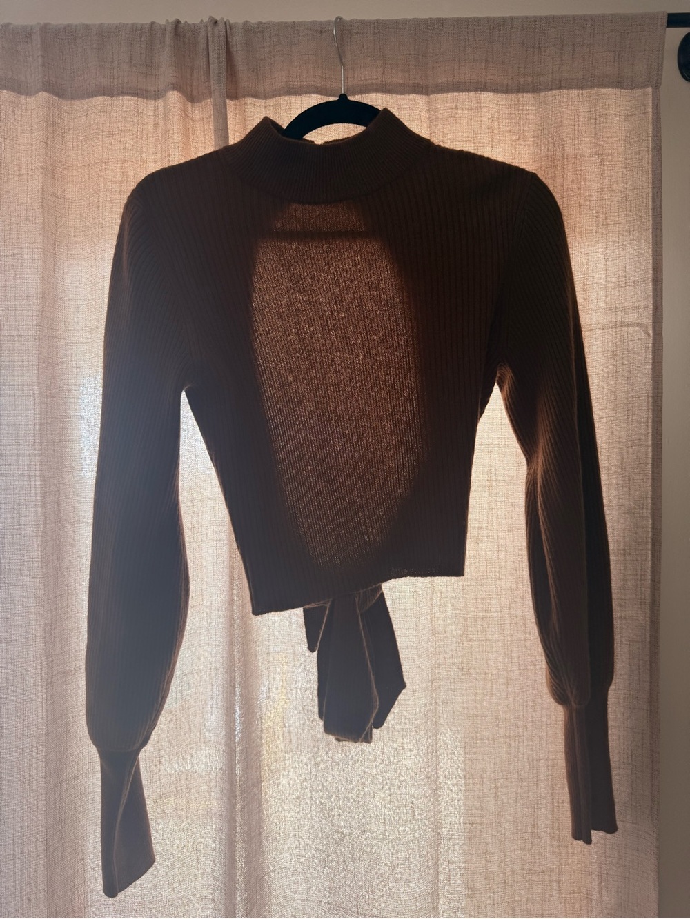 Reformation Brown Ribbed Tie-Back Mock Neck Sweater